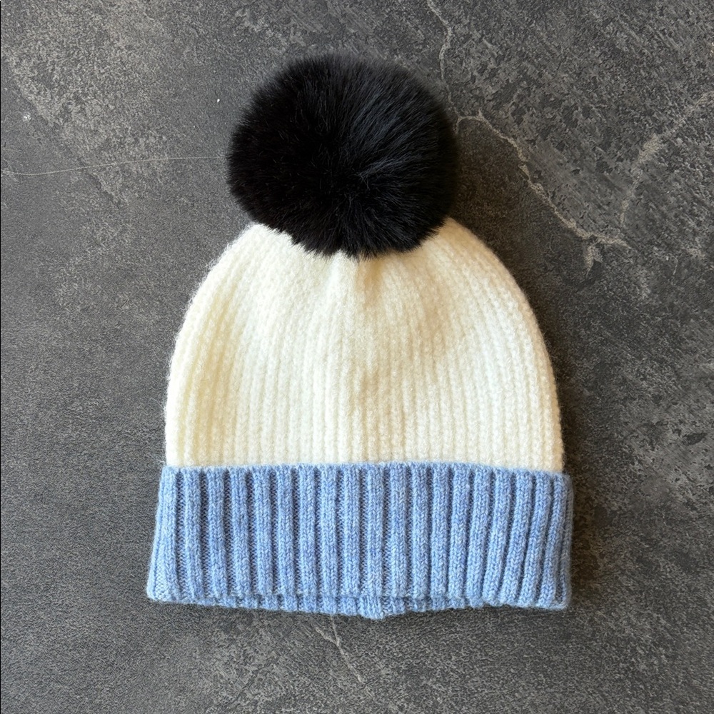 NWT - Shiraleah Faux Fur Pom-Pom Beanie - Cream and Blue Colorblock